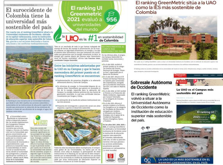 Por cuarta vez, el ranking GreenMetric reconoció a la Universidad Autónoma de Occidente como la institución de educación superior más sostenible de Colombia. Esta noticia fue registrada por medios de comunicación de la región y del país.